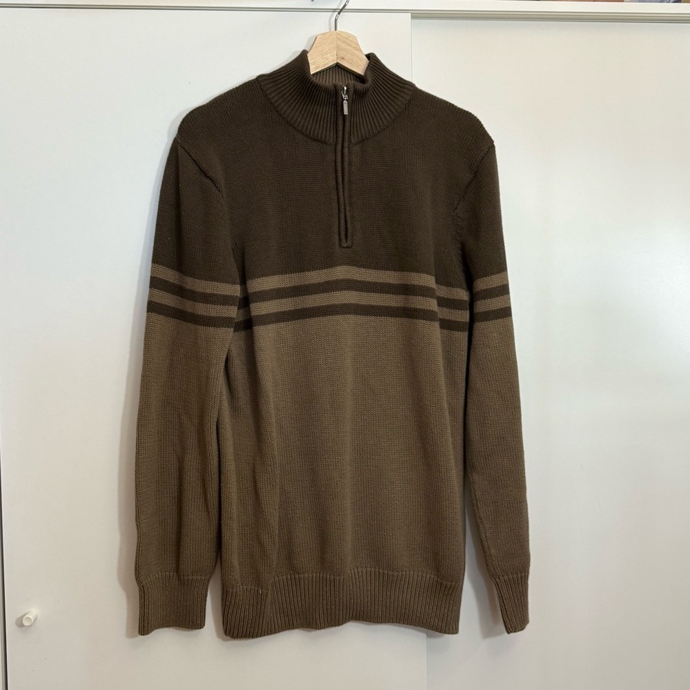 Denver Hayes men’s mocha-brown 1/4 zip high neck knitted granpacore sweater